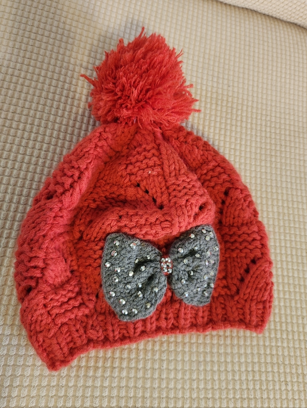 Red Knit Pom Pom BEANIE with Gray Bow Embellished Accent